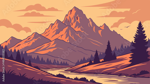 mountain with sunset landscape vector illustration