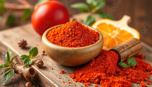 Bright red ground spice in wooden bowl with fresh tomato, orange slice, and herbs on rustic wooden surface, evoking vibrant flavors and aromatic cooking experiences