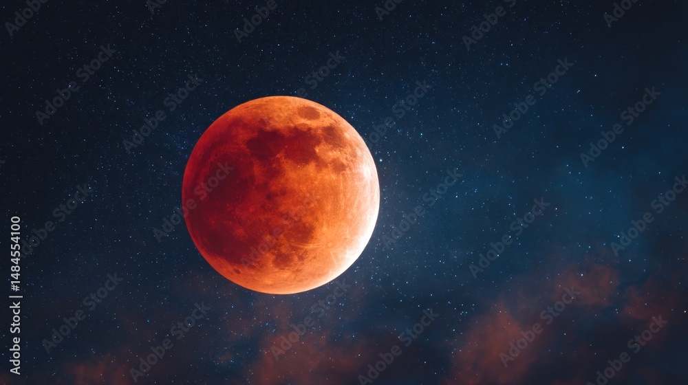 Fototapeta premium Blood moon, a reddish lunar eclipse against a starry night sky