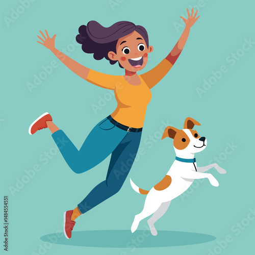 A female pet owner jumping with their Jack  puppy, both filled with happiness