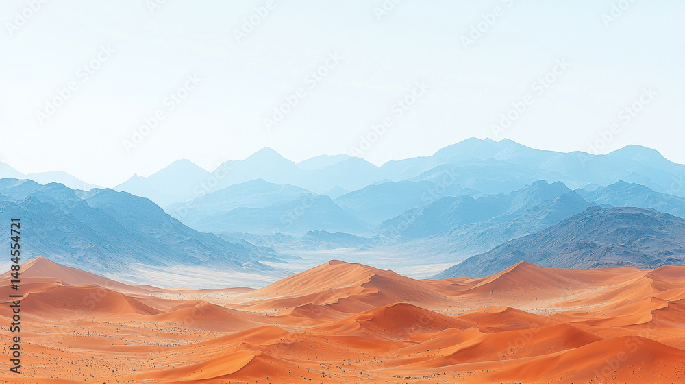 Naklejka premium stunning desert landscape featuring rippling sand dunes in vibrant orange hues, set against backdrop of distant blue mountains. serene atmosphere evokes sense of tranquility and vastness