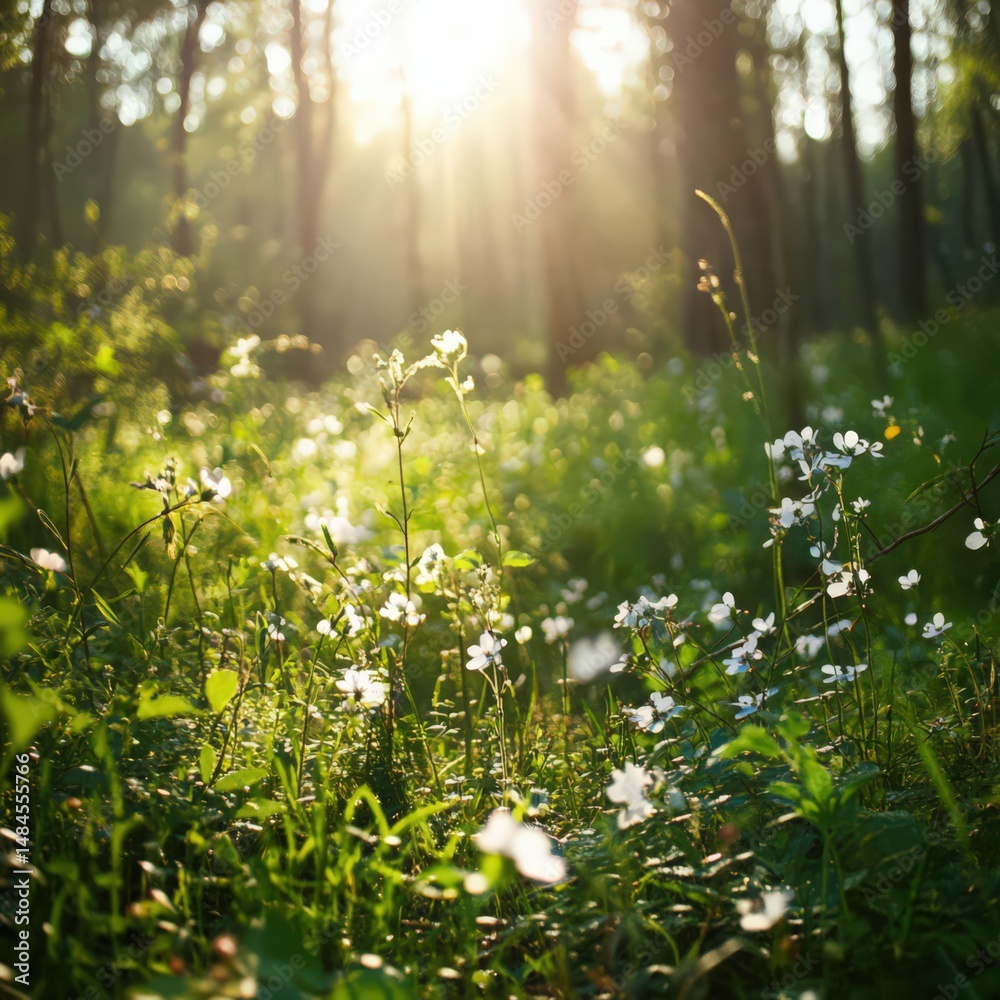 Fototapeta premium Delicate Wildflowers in a Forest Clearing Bathed in Sunlight with Radiating Rays and Lush Greenery