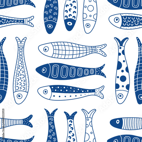 Cute blue sardine. Kids background. Sardines, salmon, tuna, tilapia. Seamless pattern. Kids illustration.