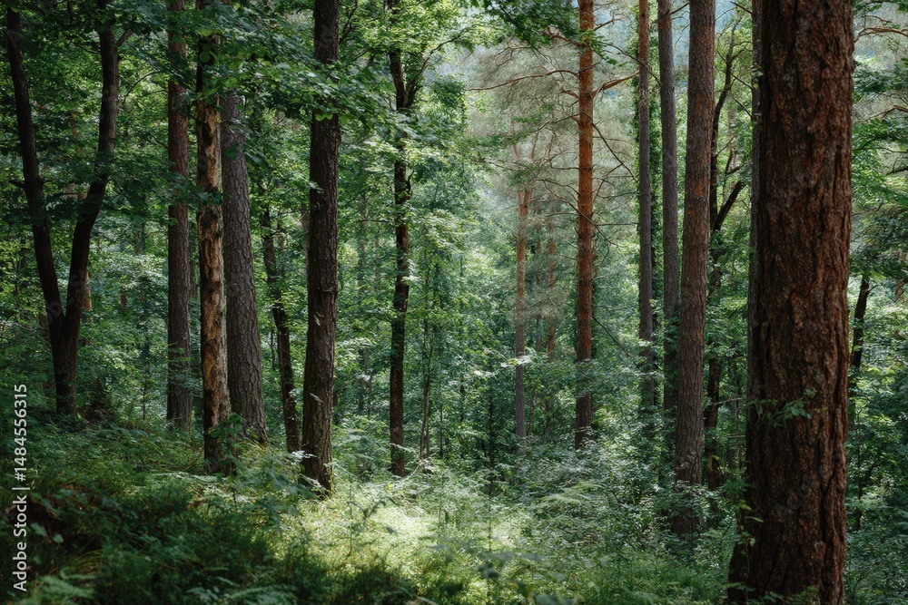 Fototapeta premium Sunlit forest with tall lush trees and dense foliage.