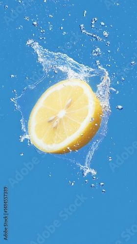 Juicy lemon slice plunges into cool, splashing water against bright blue backdrop