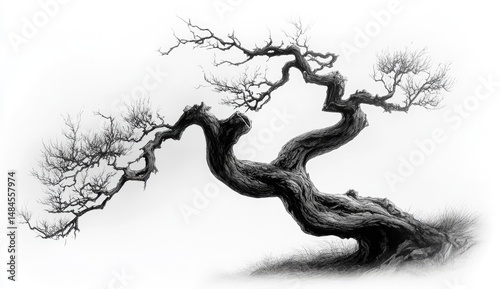 A weathered, contorted tree against a light background.  Detailed branches and gnarled trunk