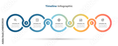 Minimal 5 step process infographic design element with circle and marketing icons. Vector illustration.