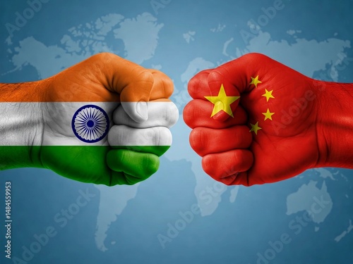 India vs China rivalry concept image showing fists painted with Indian and Chinese flags symbolizing geopolitical tension, conflict, competition, and power struggle between the two nations.
