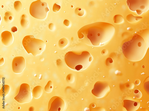 A close up view of a swiss cheese texture with multiple holes in surface photo