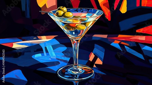Close-up of a martini glass filled with a clear cocktail, featuring two green olives with red pits at the bottom.