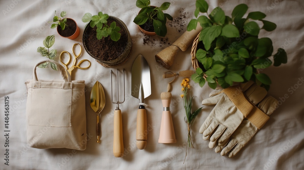 Gardening tools and plants arranged on a table in a cozy indoor setting with natural lighting
