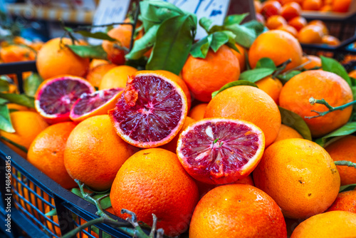 Fresh sicilian oranges at the food market stall in Catania