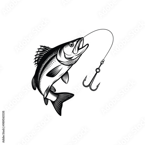 Illustration of a fish caught on a fishing hook isolated on a white background