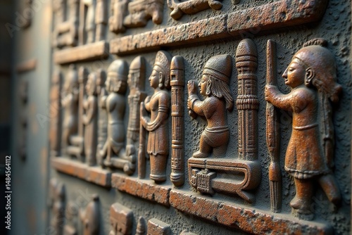 Close-up of ancient religious symbols carved in stone , weathered, carved stone