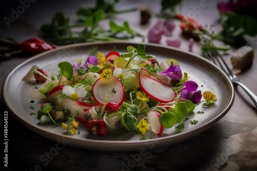 Elegant spring salad with radishes edible flowers and herbs on rustic plate in soft light top-down view with pastel background and shallow focus.