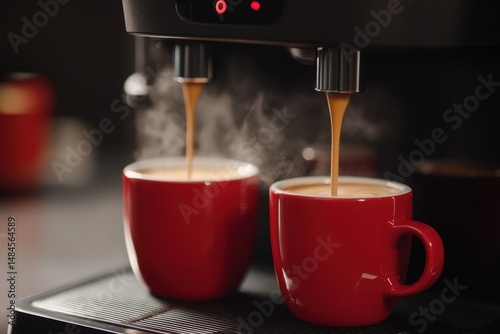 Wallpaper Mural Dual espresso brewing, steaming coffee filling red cups Torontodigital.ca