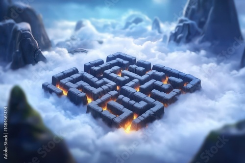 Aerial View of an Intricate Stone Maze Surrounded by Mystical Clouds and Serene Mountains in a Fantastical Landscape