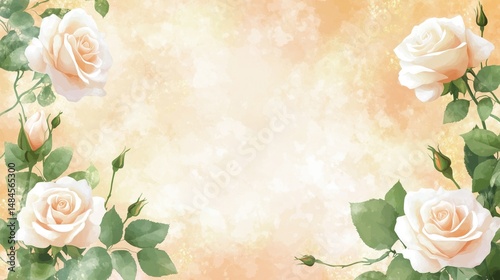 Elegant light peach and gold abstract background with white roses illustration, perfect for weddings and celebrations.