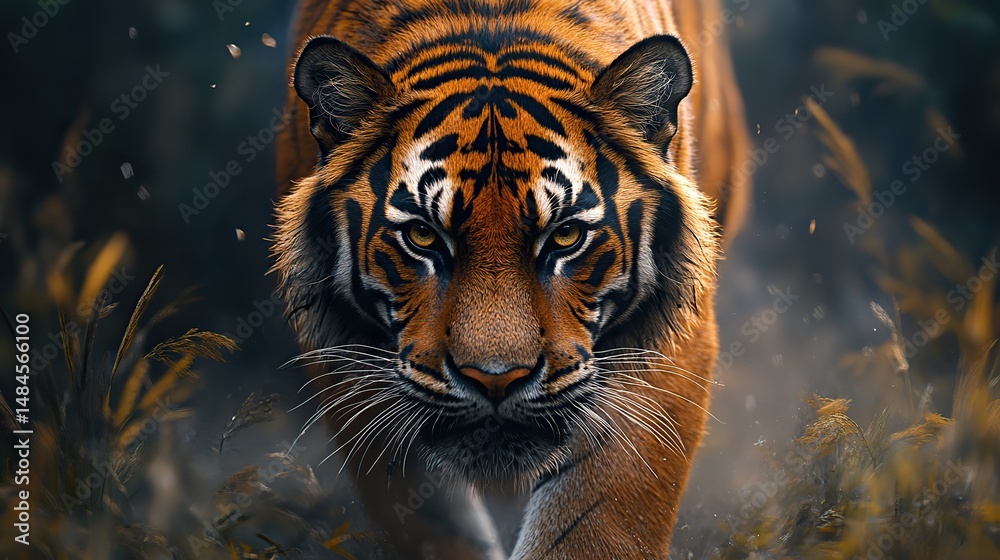 Naklejka premium A powerful tiger with its striking orange and black stripes walking through tall grass in the jungle, its eyes focused on its surroundings