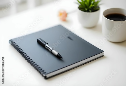 notebook with pen and coffee near plant on wooden table