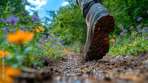 Hiking boots on a trail through wildflowers