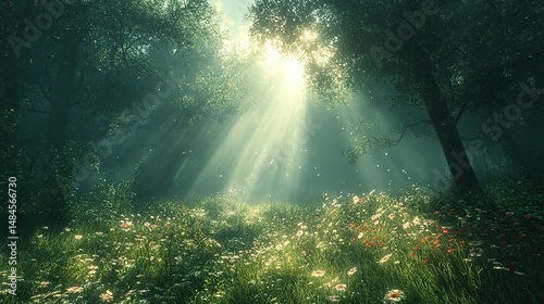 A quiet, misty morning in a forest, with sunlight filtering through the fog and illuminating the dew-covered undergrowth