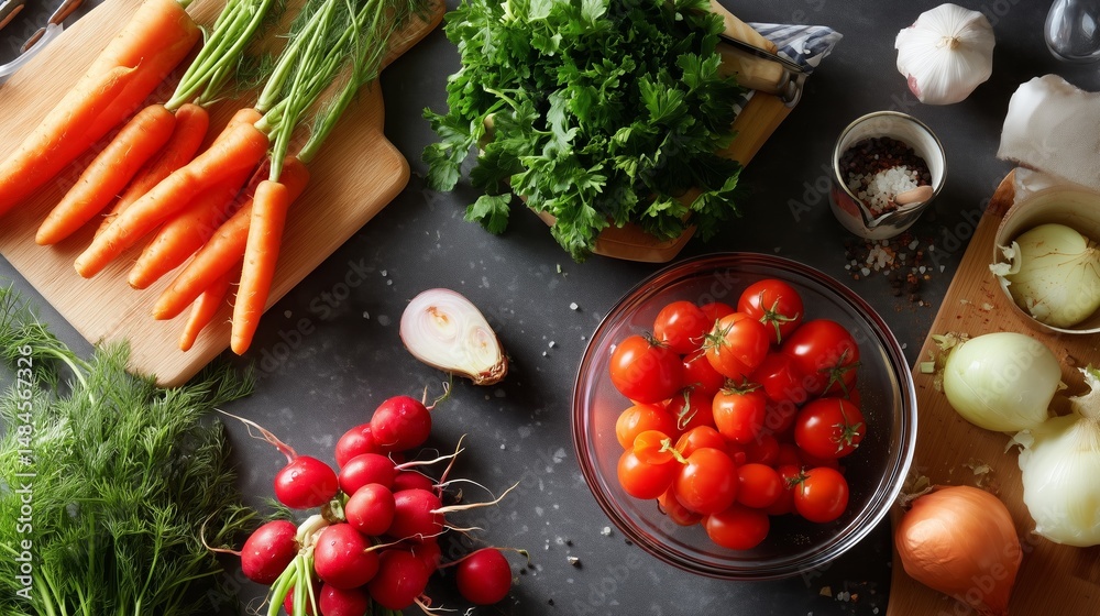 Fresh vegetables and herbs arranged on a kitchen counter for meal preparation in a bright indoor setting