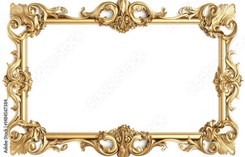 Ornate gold picture frame with elaborate carvings.  Intricate details, rich golden hue, rectangular shape.  Perfect for displaying artwork