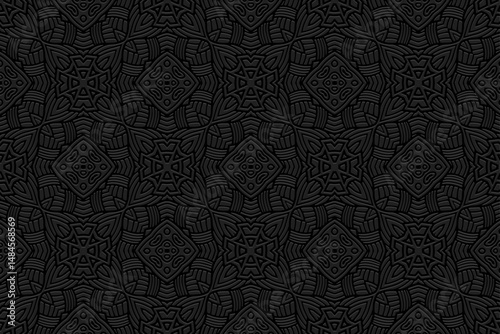 Geometric black background, tribal cover design, banner for design. Ethnic exotic 3D pattern, boho style. Relief ornaments, arabesques, mandala. Motives of the East, Asia, India, Mexico, Aztec, Peru.