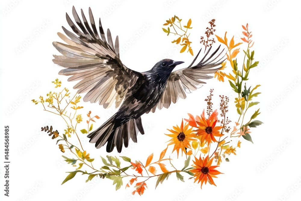 Fototapeta premium feathered bird flying across garden scene isolate on white background