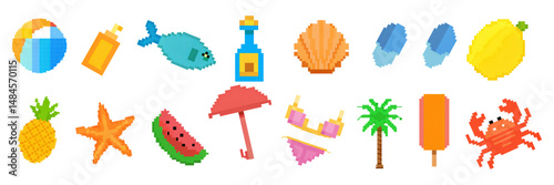 pixel summer icons. 8 bit style collection