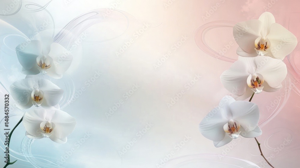 Obraz premium Elegant White Orchids on Pastel Background with Subtle Swirls, Creating a Tranquil and Serene Floral Design