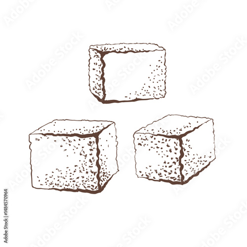 Raw cane sugar chunks in minimalist black and white vector style. Natural sweetener graphic for organic food packaging, healthy product labels or bakery branding