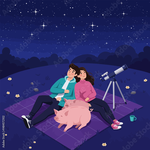 Couple Gazing at Stars with Pigs on Picnic Blanket at Night