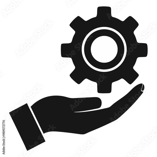 Black hand with gear signifying human-powered tech support and problem-solving.