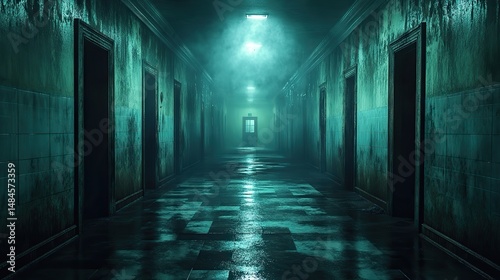 A spooky, abandoned hospital with empty corridors and flickering lights, evoking a sense of mystery and perhaps fear