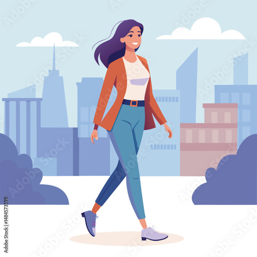 A young woman taking a relaxed walk, her posture exuding confidence and grace, dressed in a casual