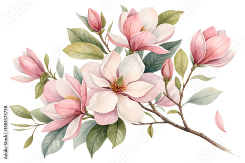 Watercolor Magnolia Bouquet Isolated on Transparent Background