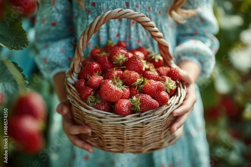Little Girl Holding a Wicker Basket Full of Fresh Strawberries, Sweet Summer Harvest Scene, AI Generated
