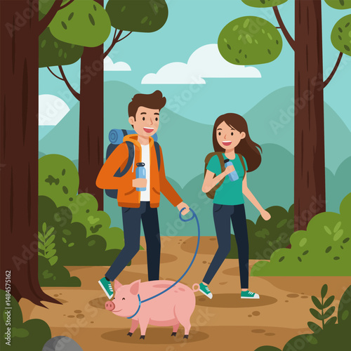 Couple Hiking Through Forest with Pig on Leash Enjoying Nature