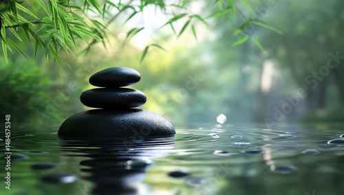 Serene stones balanced in a tranquil, bamboo-fringed stream