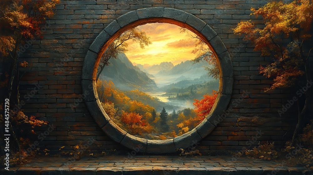 Fototapeta premium A surreal image of a giant keyhole in a brick wall, with a glimpse of a vibrant, otherworldly landscape beyond The scene is mysterious and intriguing