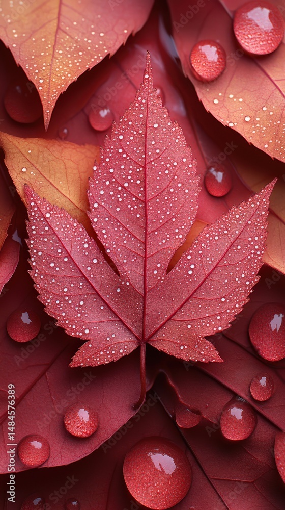 Fototapeta premium Autumn Leaves: A macro shot captures the essence of autumn. The vivid red hues of the leaves are adorned with delicate water droplets, evoking a sense of freshness and the crisp beauty of the season.