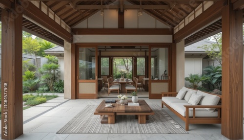 Japandi-style summer house with low seating and sliding doors photo