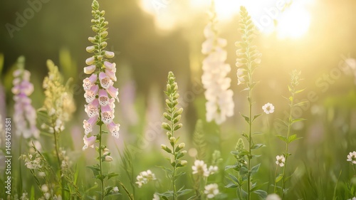 Foxglove With Tall Spires Of Blossoms Against A Soft Background Illuminated By Sunlight
