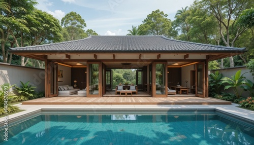 Japandi-style summer house with low seating and sliding doors photo