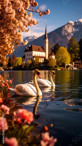 Two graceful white swans glide peacefully on a calm lake with a view of mountains and blooming pink flowers.