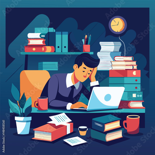 Manager appears exhausted, head resting on their desk amid towering piles of paperwork, Laptop aglow, a coffee cup sits nearby