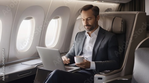 Businessman Working on Laptop in First Class Airplane photo