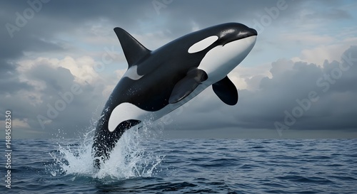 Orca Jumping Out of Water on Cloudy Day